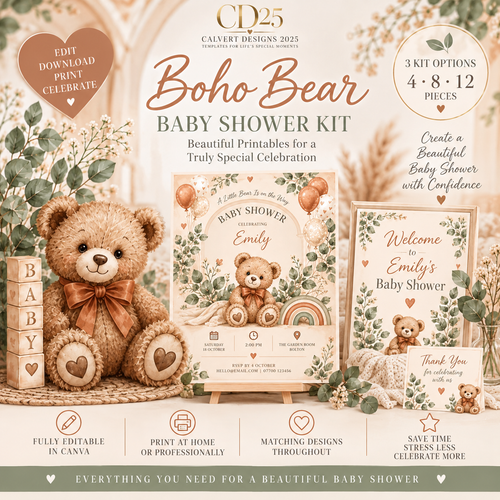 Boho Bear baby shower editable celebration kit