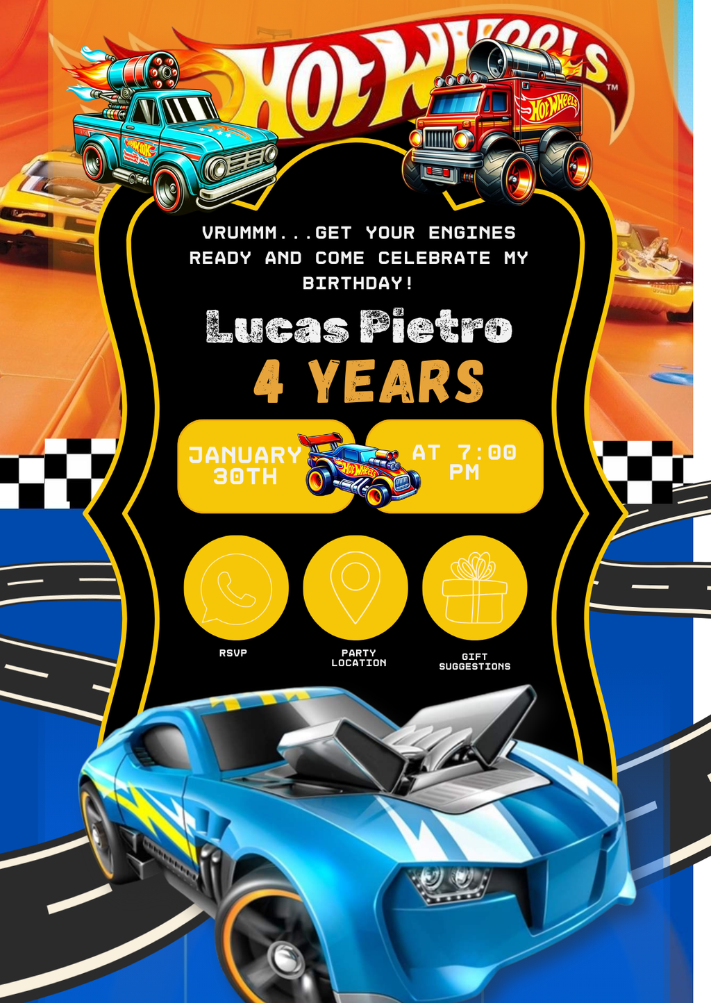Kids Birthday Invitation - Turbo Race Track Theme | Editable Canva Template