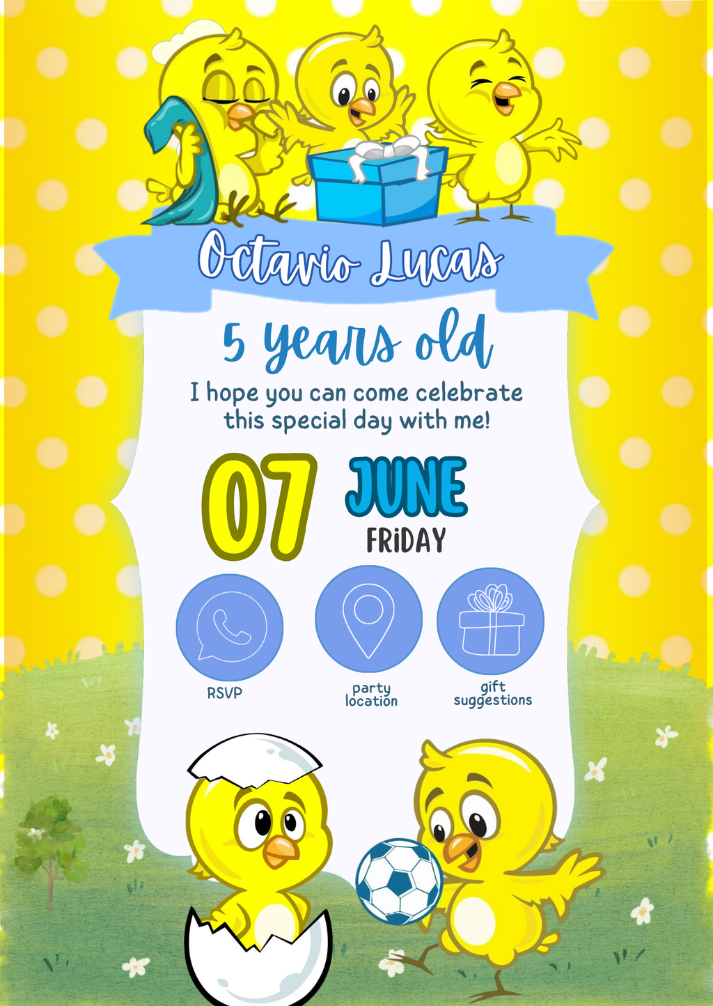 Kids Birthday Invitation - Baby Chick Sunshine Theme | Editable Canva Template