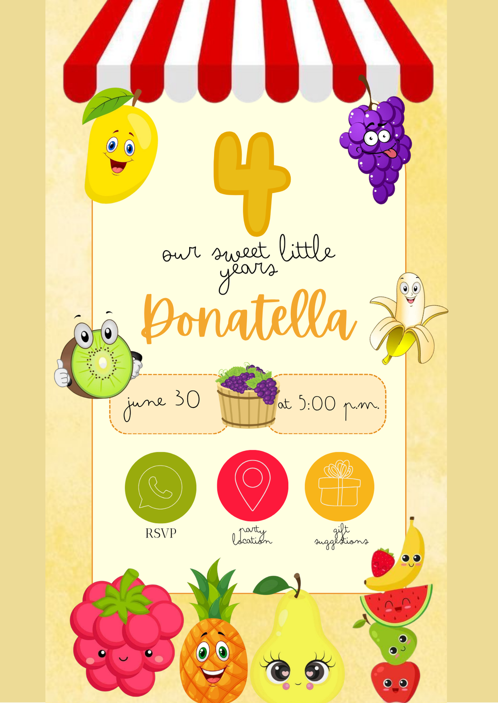 Kids Birthday Invitation - Kawaii Fruit Market Theme | Editable Canva Template