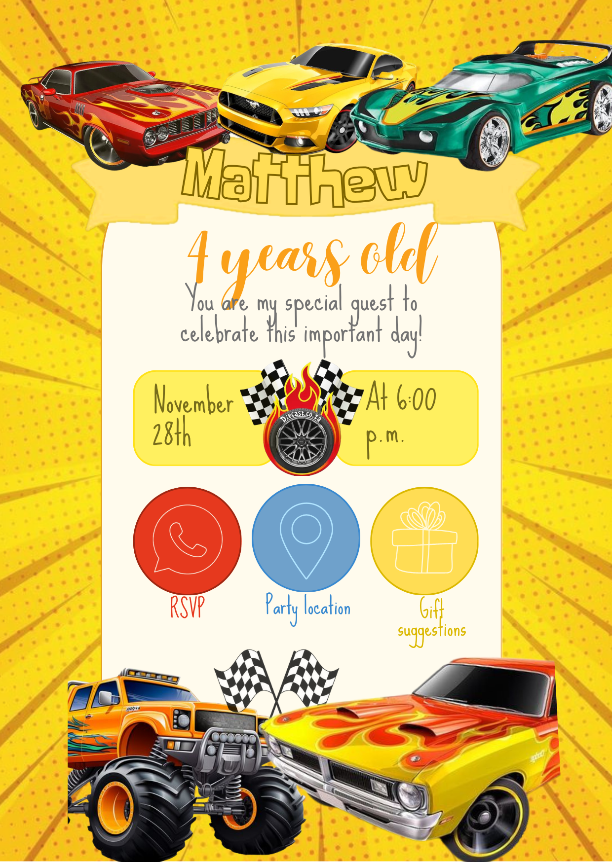 Kids Birthday Invitation - Racing Cars & Monster Trucks Theme | Editable Canva Template