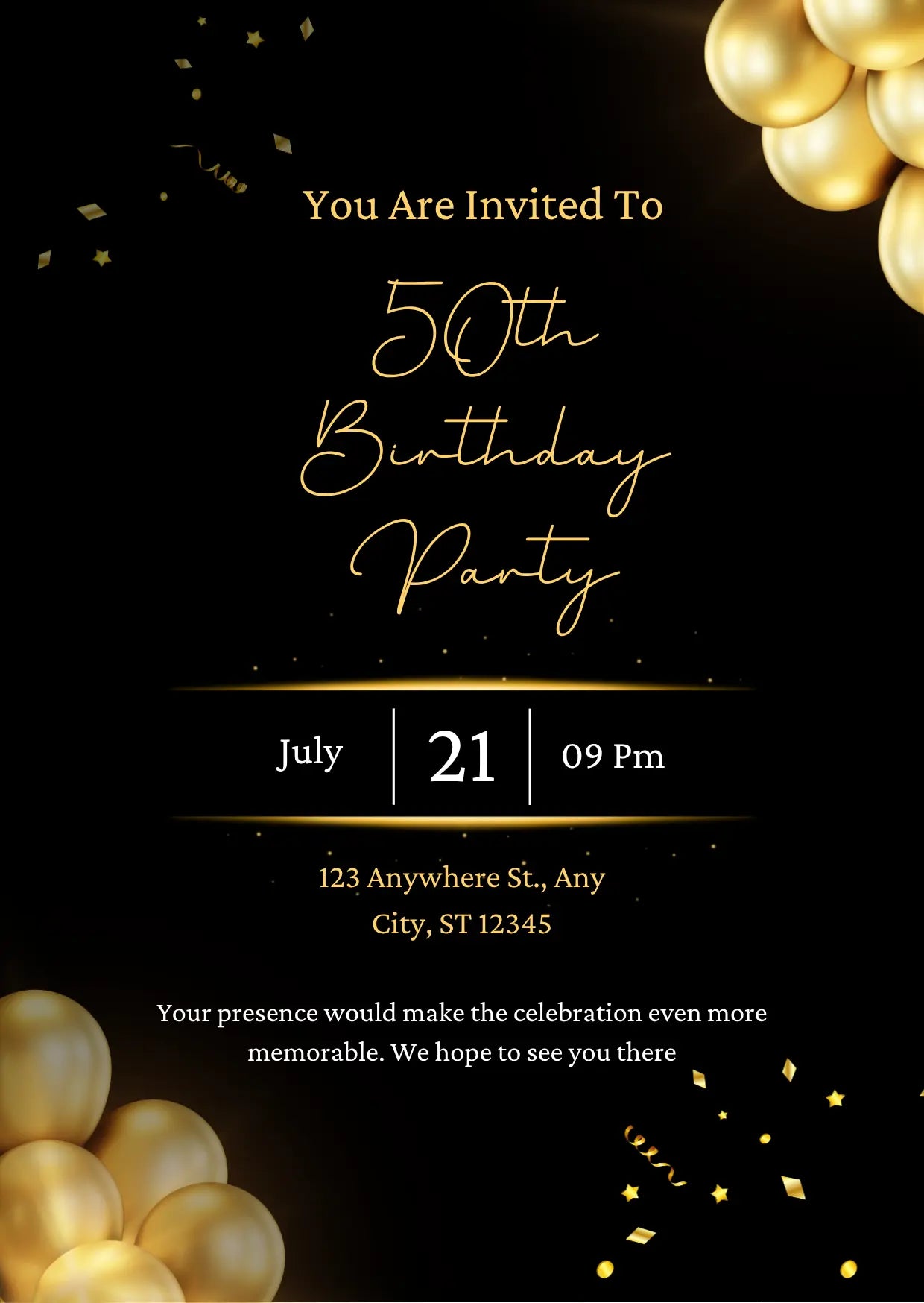 Black & Gold 50th Birthday Party Invitation | Editable Canva Template | Elegant Milestone Birthday Invite