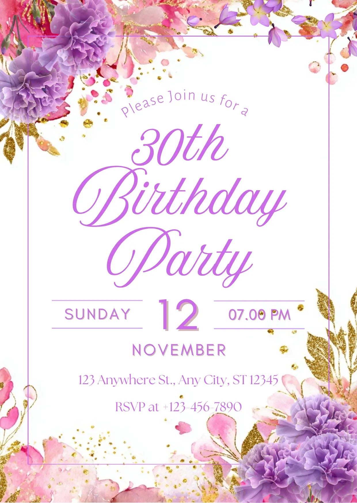 Purple Floral 30th Birthday Party Invitation | Editable Canva Template | Pink & Gold Milestone Invite