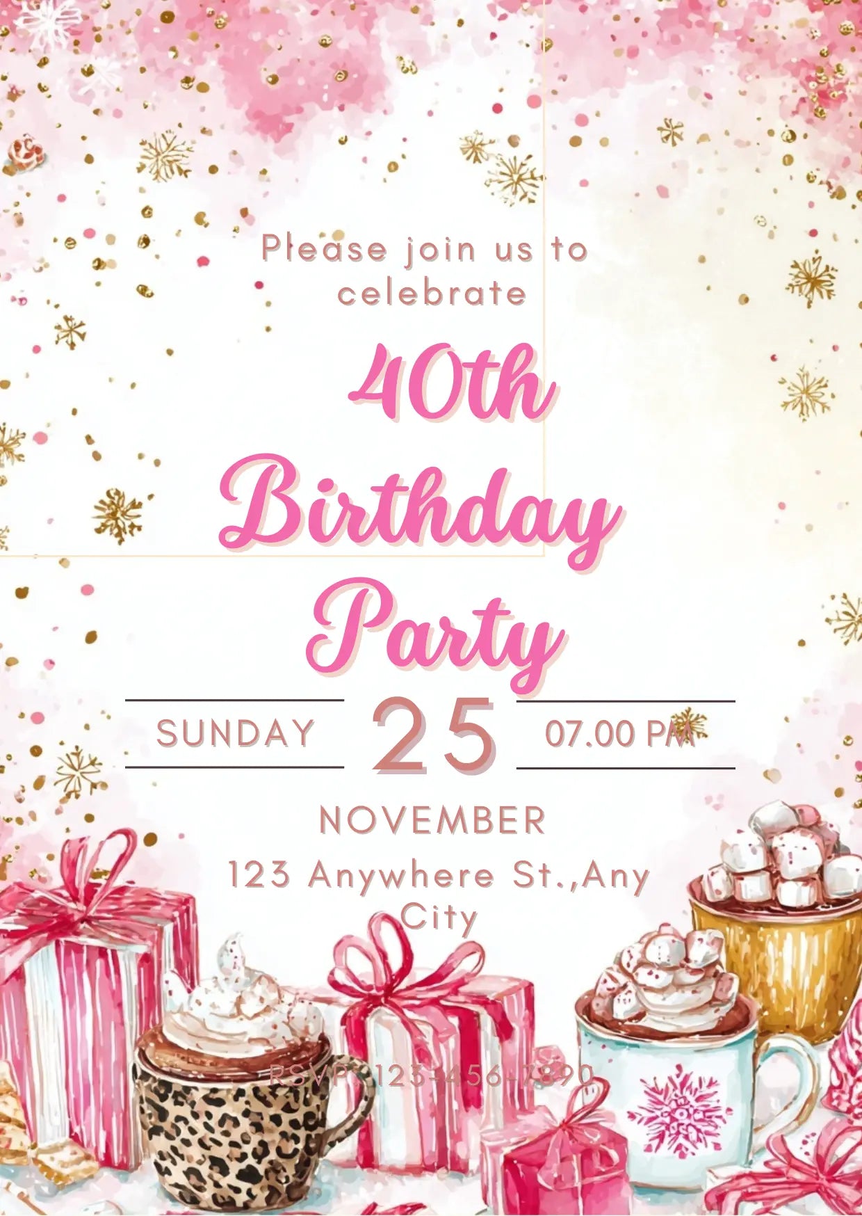 Pink & Gold 40th Birthday Party Invitation | Editable Canva Template | Winter Gifts Birthday Invite