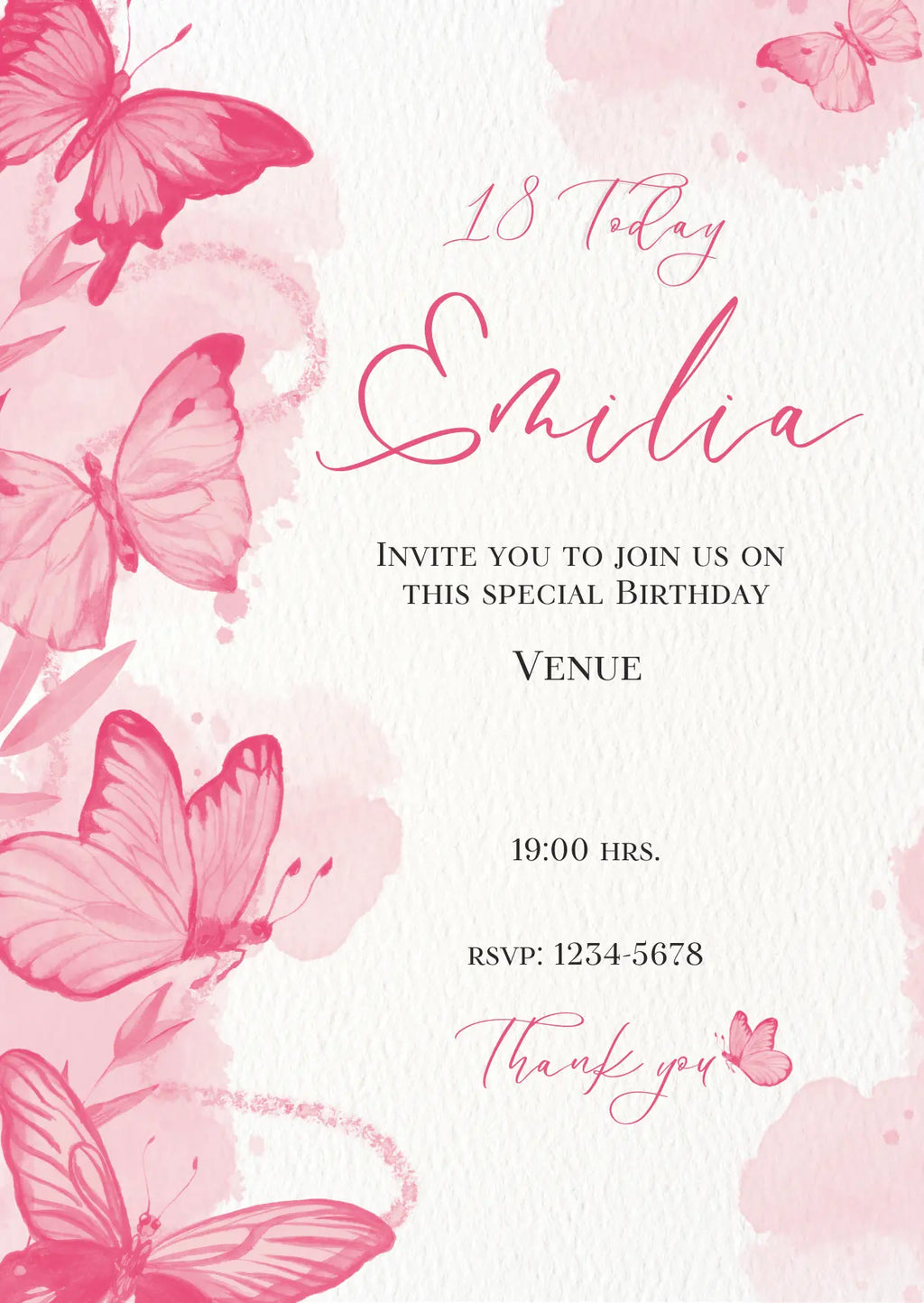 Pink Butterfly 18th Birthday Invitation | Editable Canva Template | Watercolour Birthday Party Invite