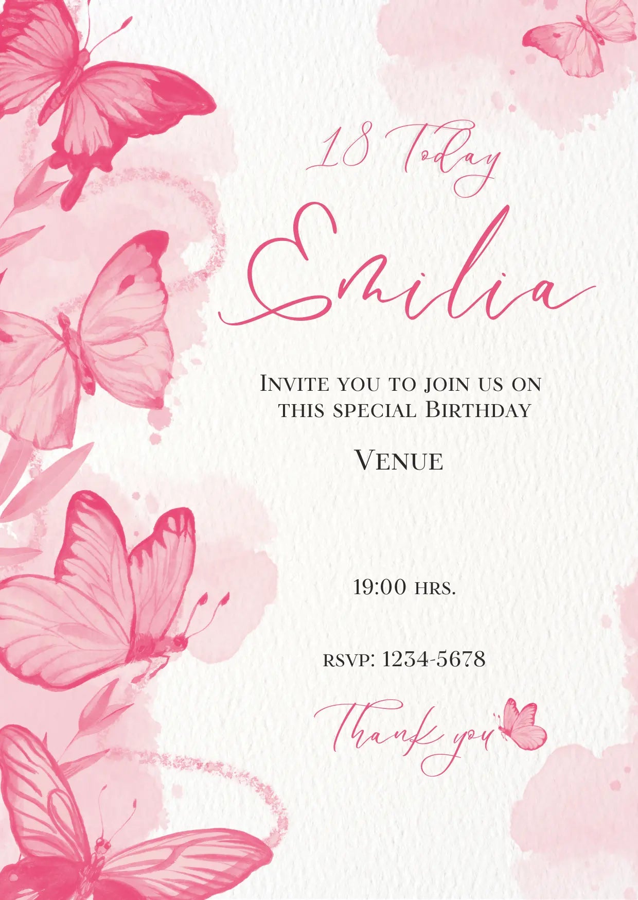 Pink Butterfly 18th Birthday Invitation | Editable Canva Template | Watercolour Birthday Party Invite
