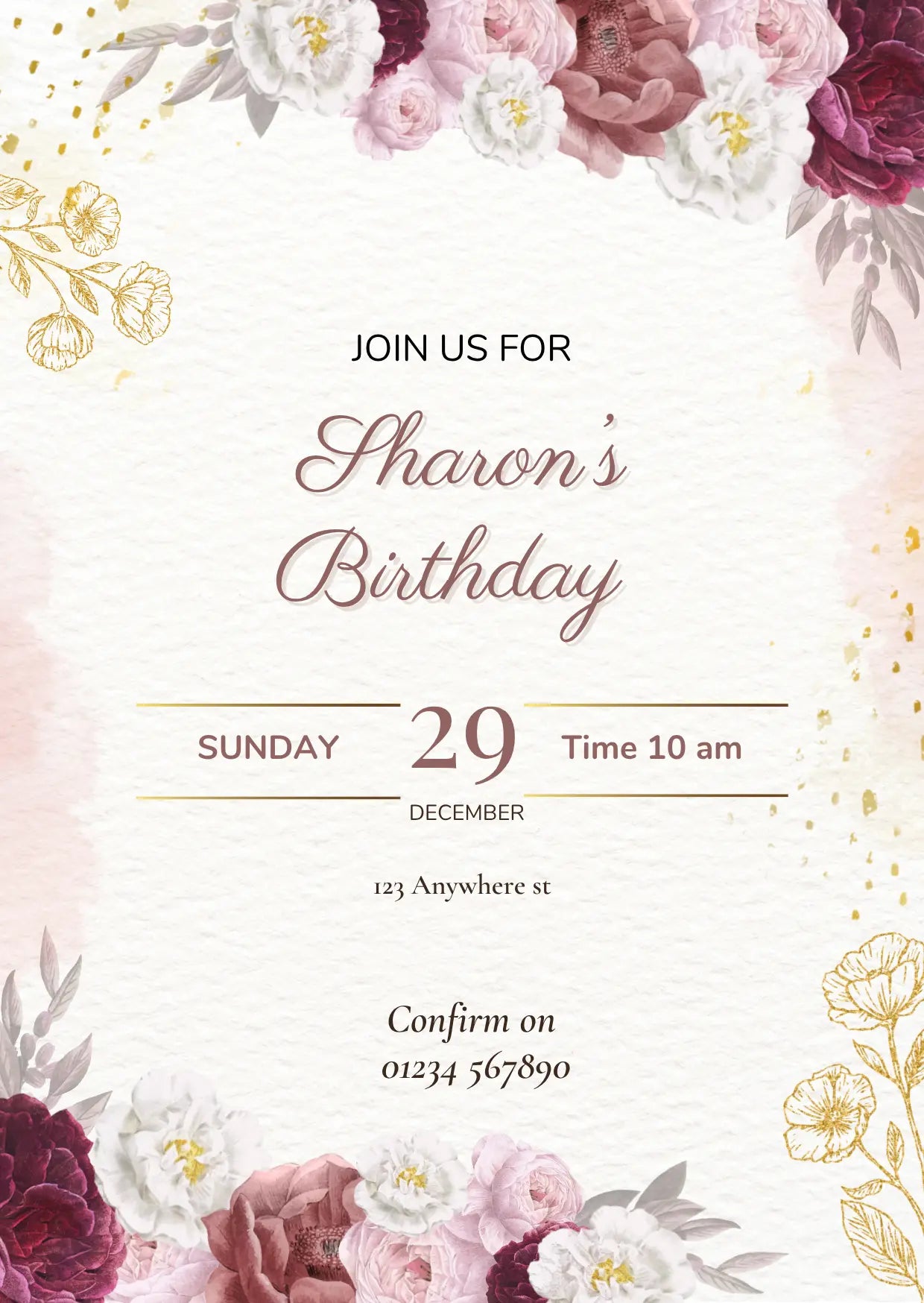 Floral Birthday Party Invitation | Editable Canva Template | Burgundy & Blush Elegant Invite