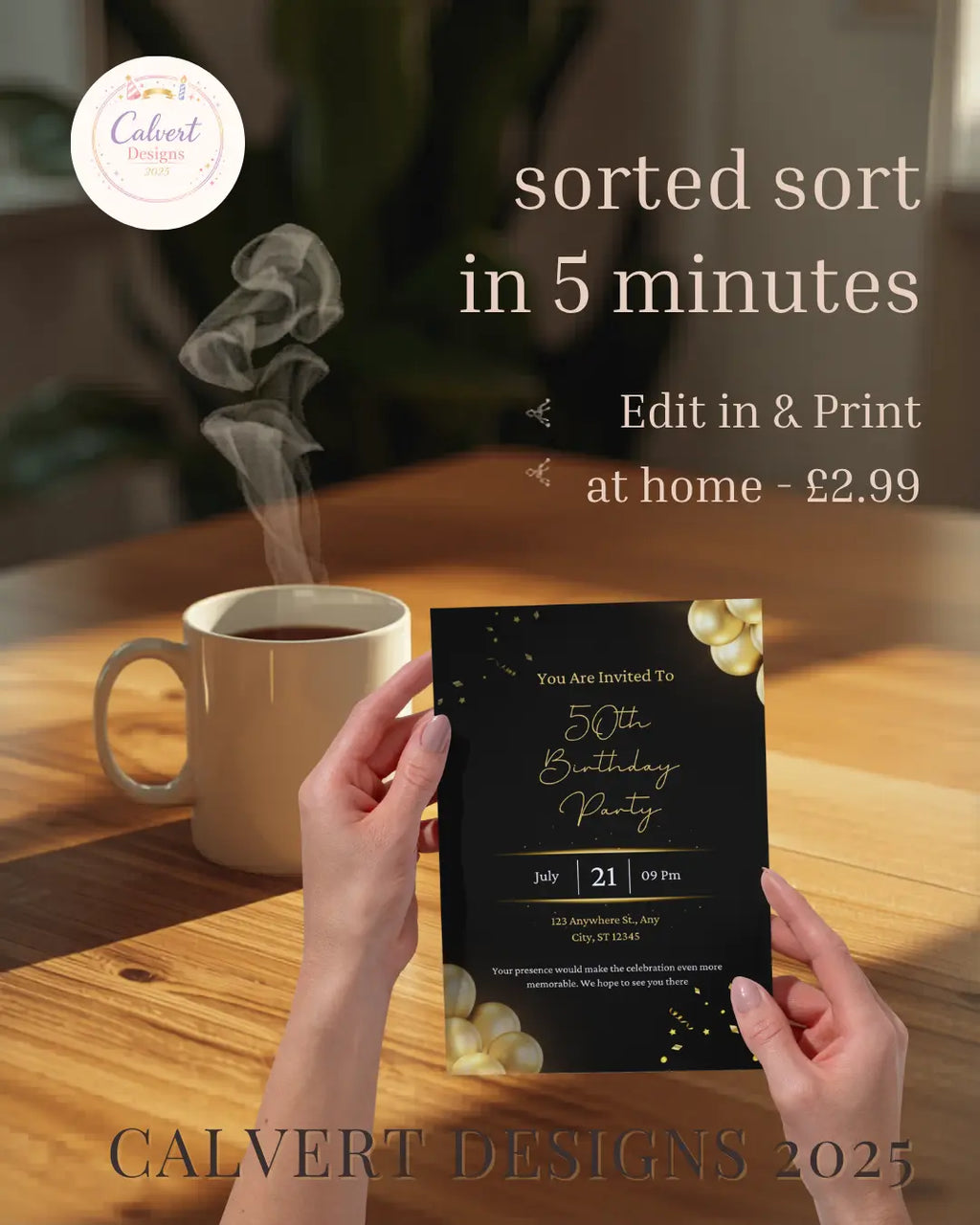 Black & Gold 50th Birthday Party Invitation | Editable Canva Template | Elegant Milestone Birthday Invite