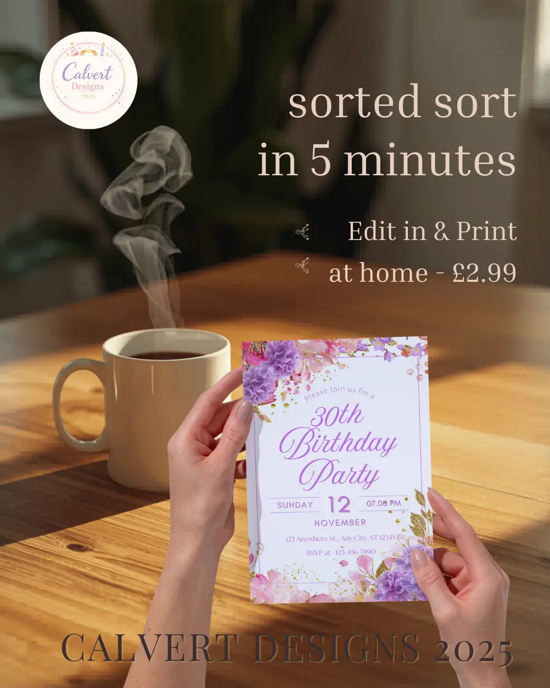 Purple Floral 30th Birthday Party Invitation | Editable Canva Template | Pink & Gold Milestone Invite