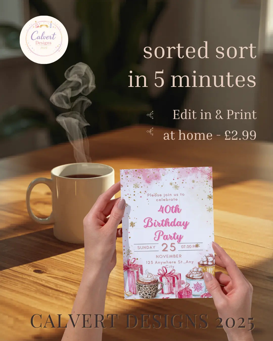Pink & Gold 40th Birthday Party Invitation | Editable Canva Template | Winter Gifts Birthday Invite