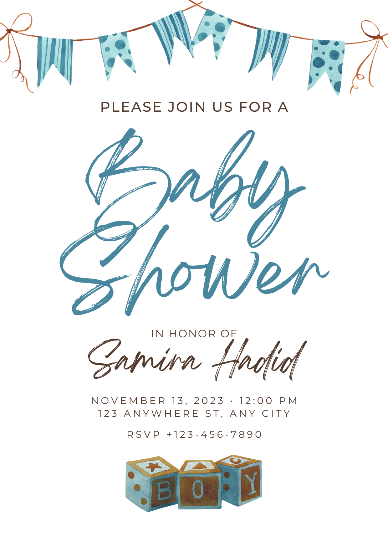 Baby Shower Invitation — Editable Canva Template | Blue Bunting Boy