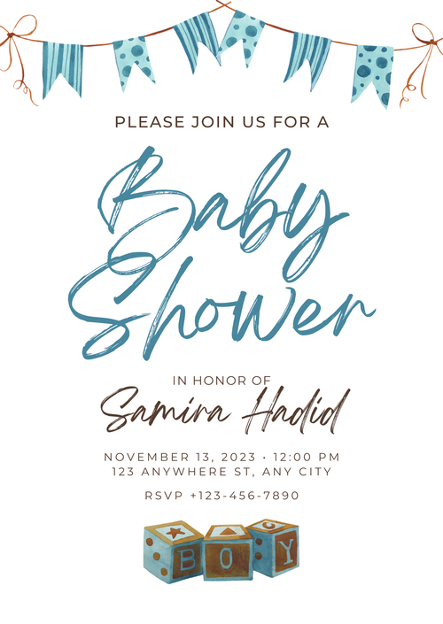 Baby Shower Invitation — Editable Canva Template | Blue Bunting Boy