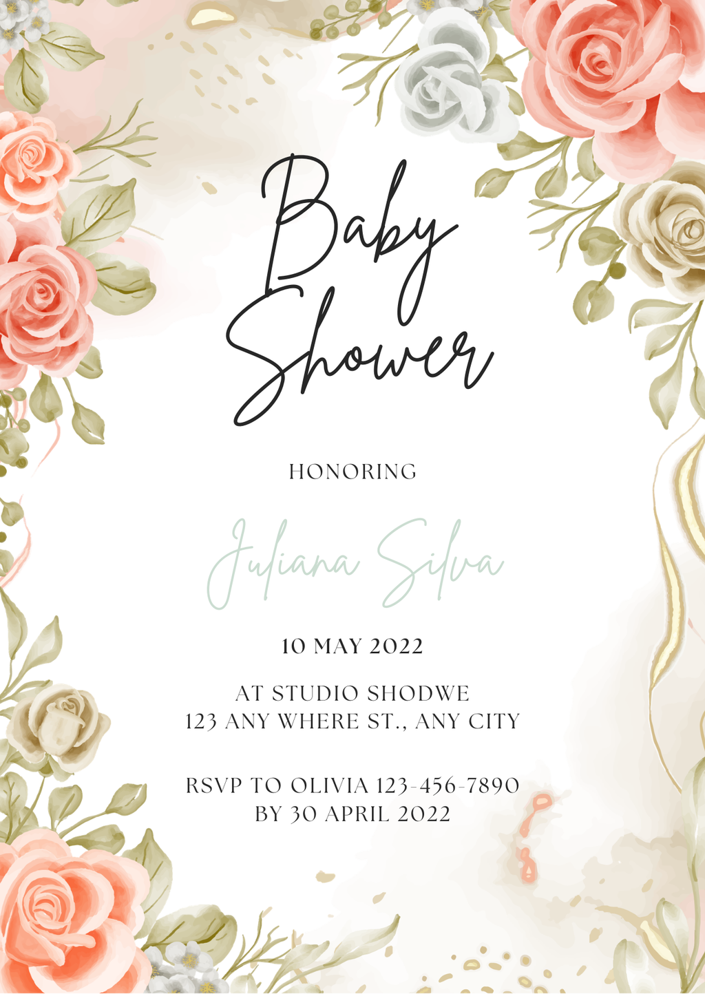 Baby Shower Invitation — Editable Canva Template | Pink Roses Floral