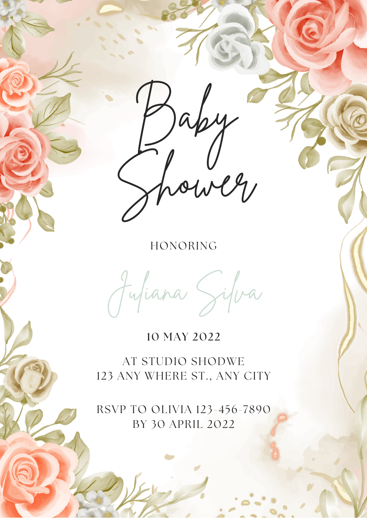 Baby Shower Invitation — Editable Canva Template | Pink Roses Floral