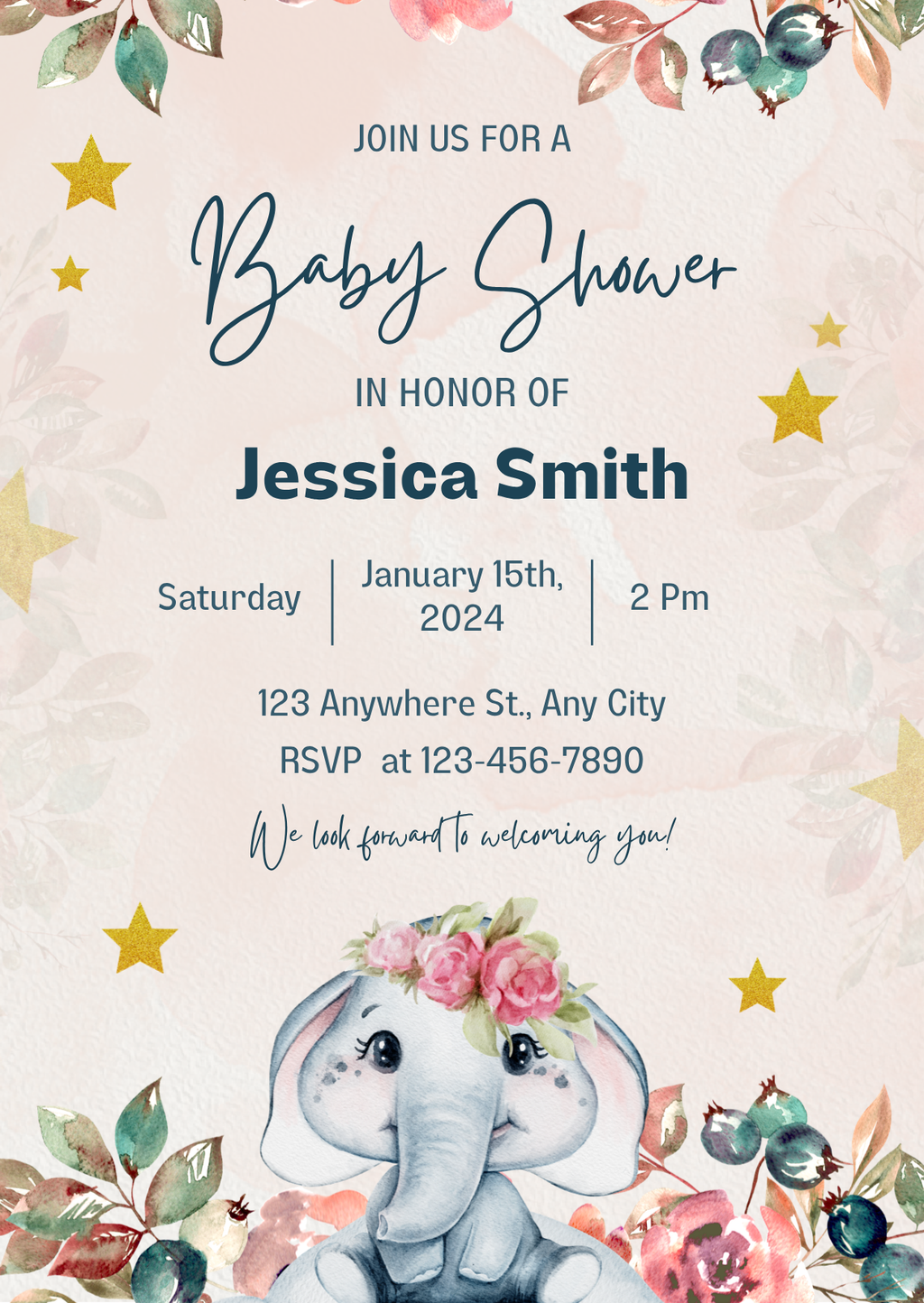 Baby Shower Invitation — Editable Canva Template | Elephant Floral