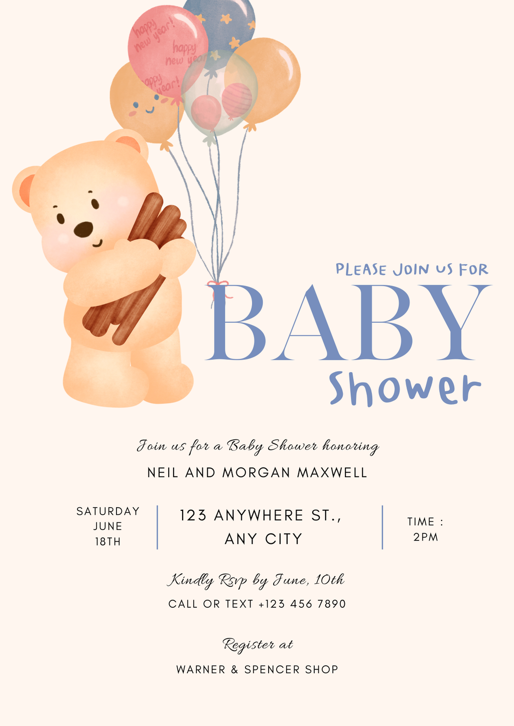 Baby Shower Invitation — Editable Canva Template | Teddy Bear Balloons