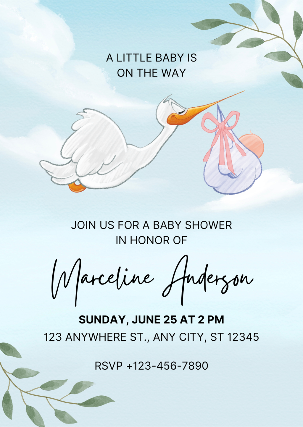 Baby Shower Invitation — Editable Canva Template | Stork