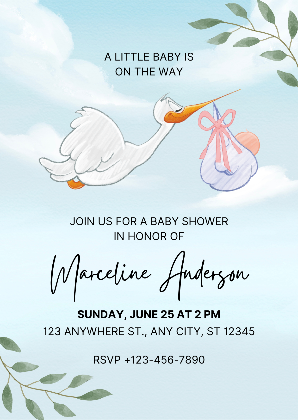 Baby Shower Invitation — Editable Canva Template | Stork