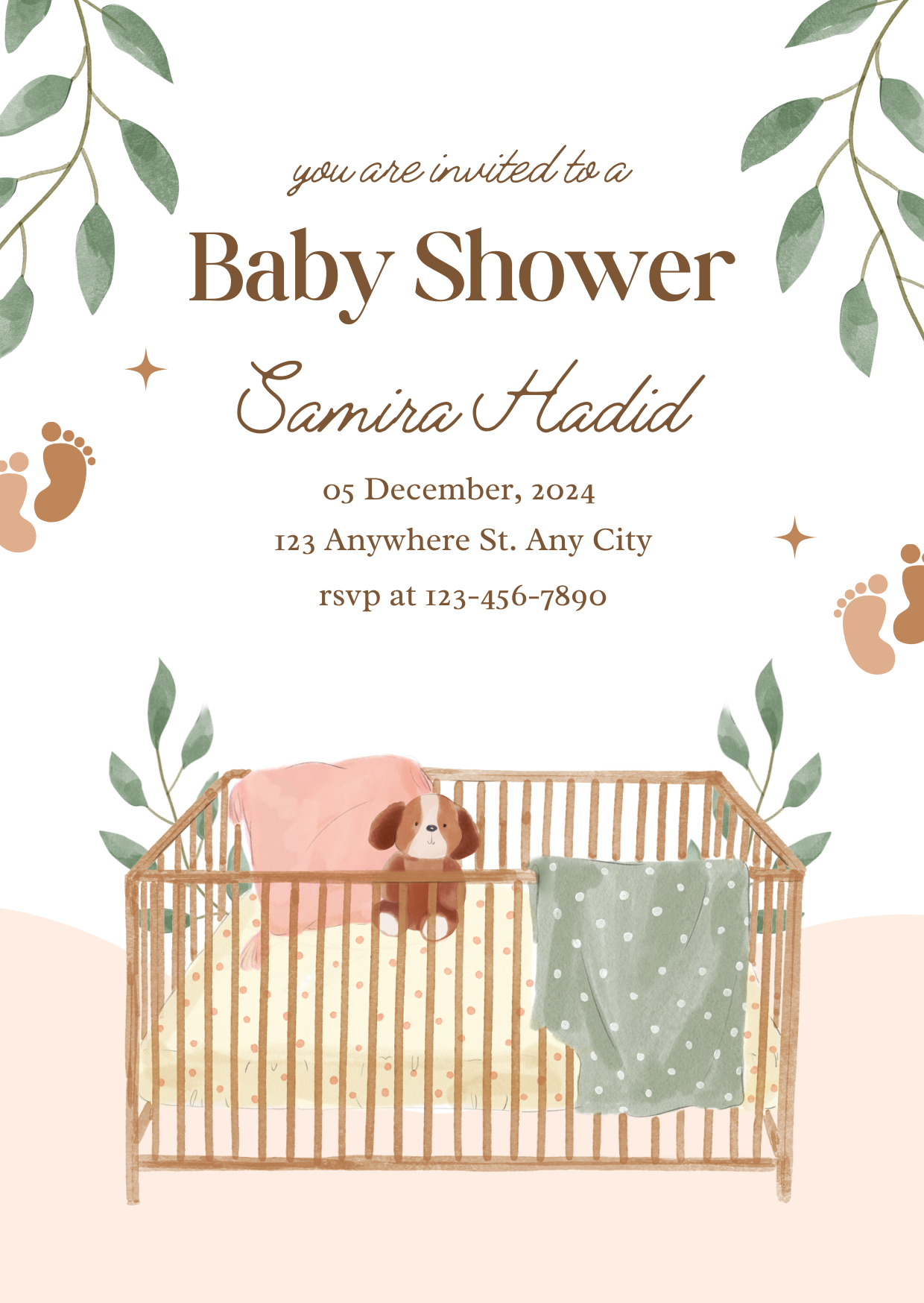 Baby Shower Invitation — Editable Canva Template | Baby Crib Botanical