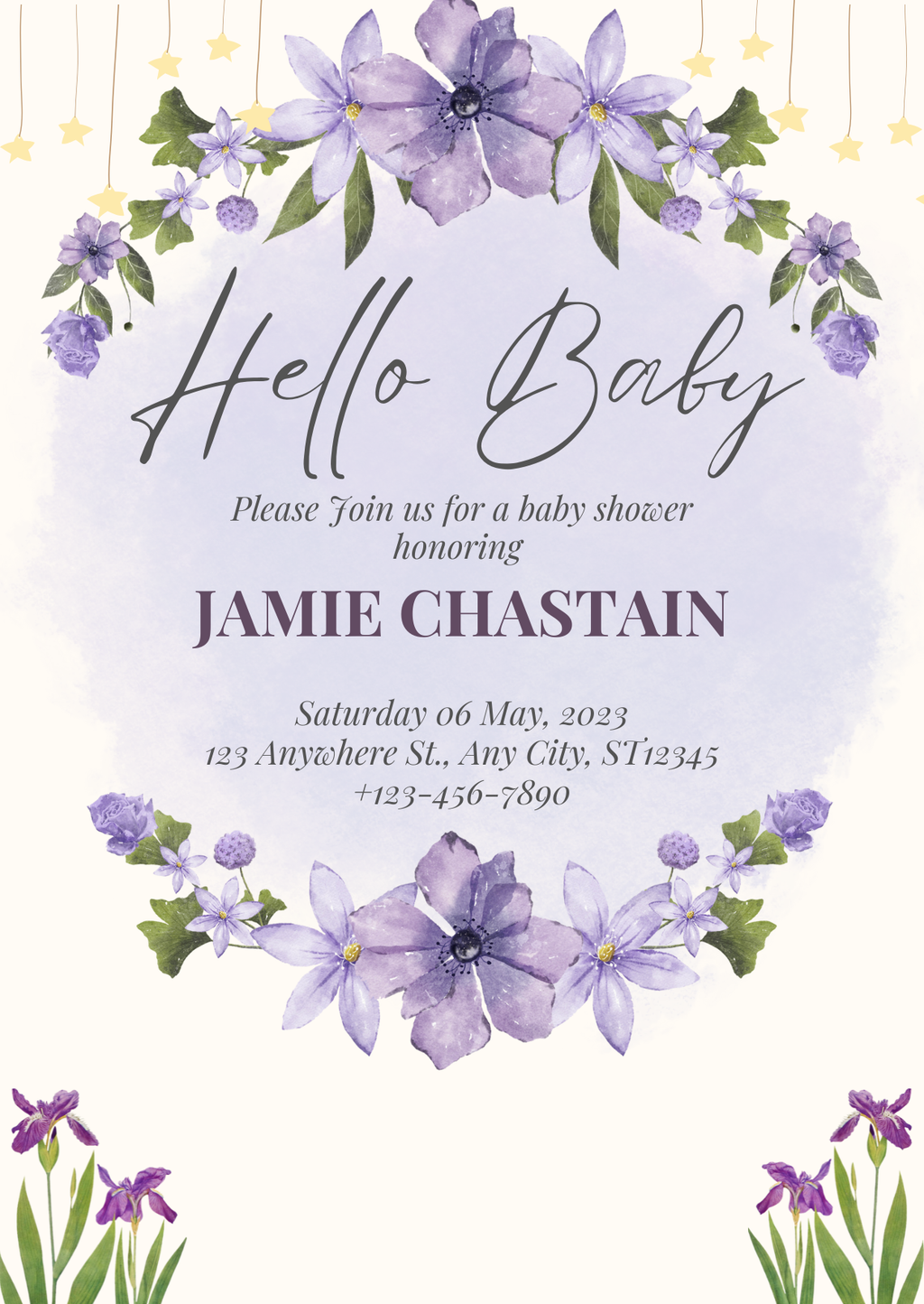 Baby Shower Invitation — Editable Canva Template | Purple Floral