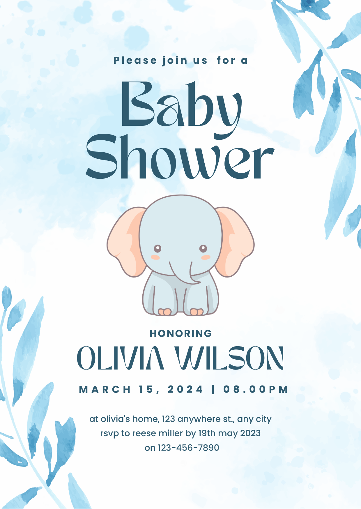 Baby Shower Invitation — Editable Canva Template | Blue Elephant