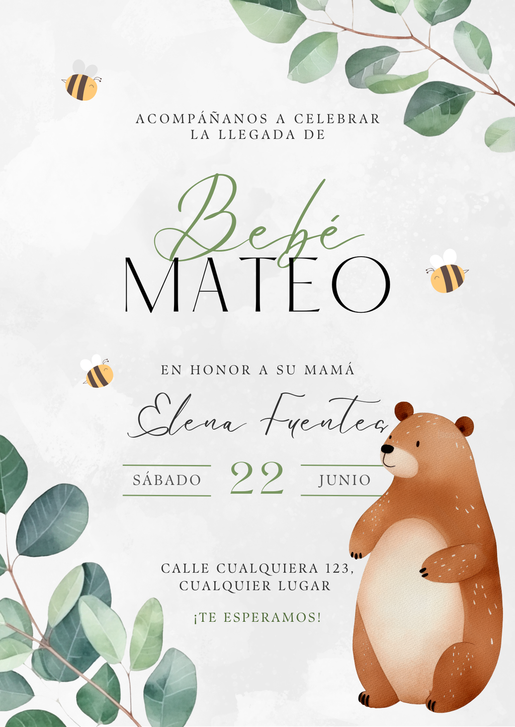 Bear Bees Botanical Baby Shower Invitation | Editable Canva Template