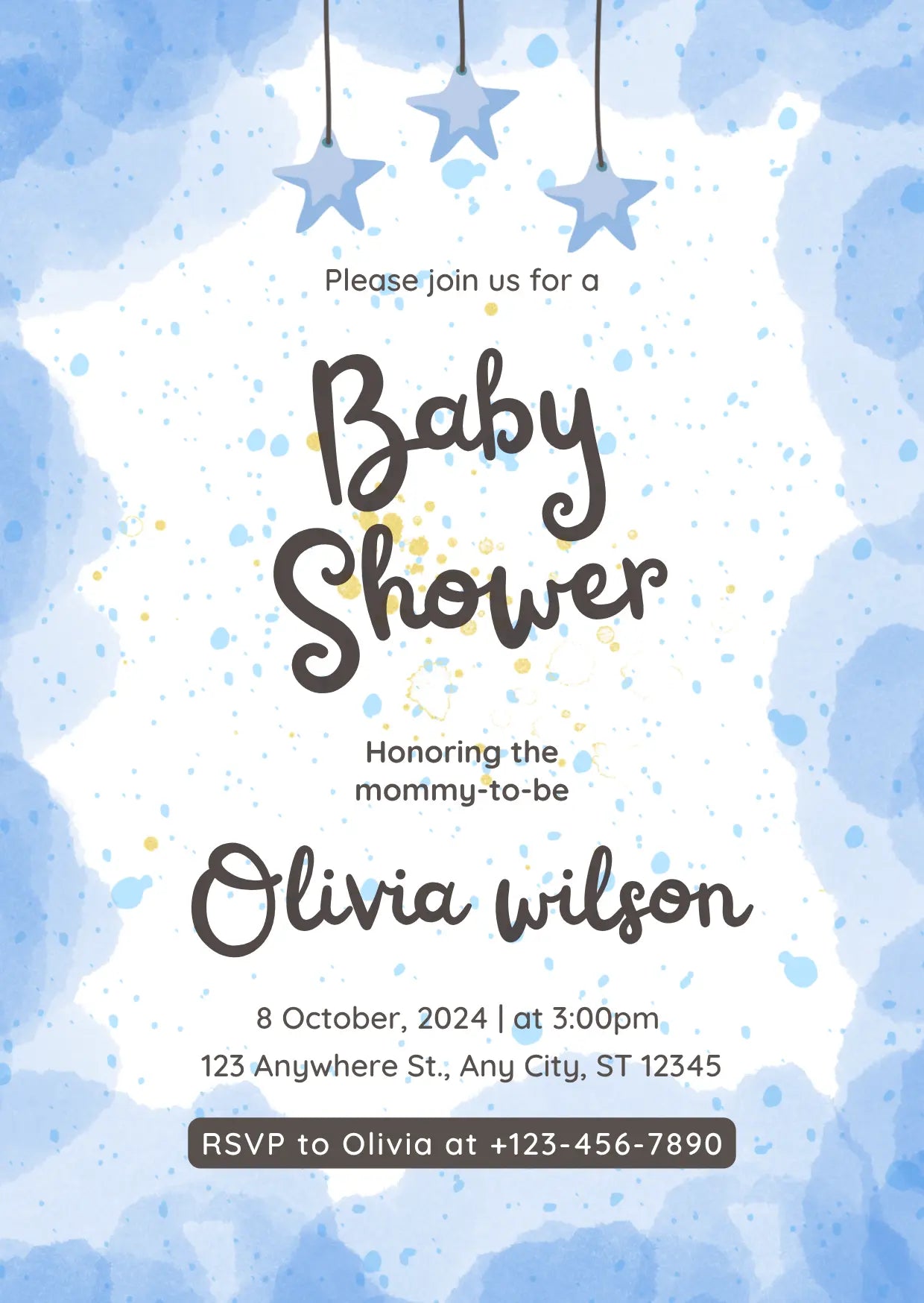 Blue stars baby shower invitation design — navy and gold star pattern