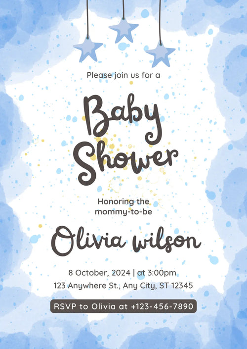 Blue stars baby shower invitation design — navy and gold star pattern
