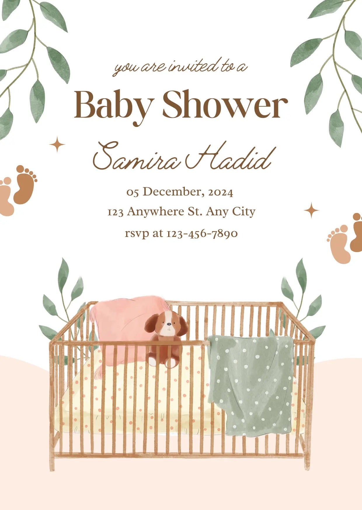 Baby crib botanical baby shower invitation design — botanical leaves and crib illustration