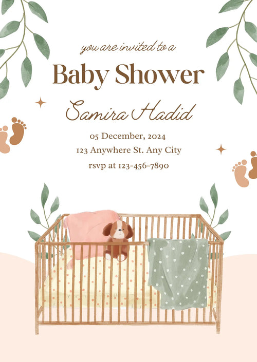 Baby crib botanical baby shower invitation design — botanical leaves and crib illustration