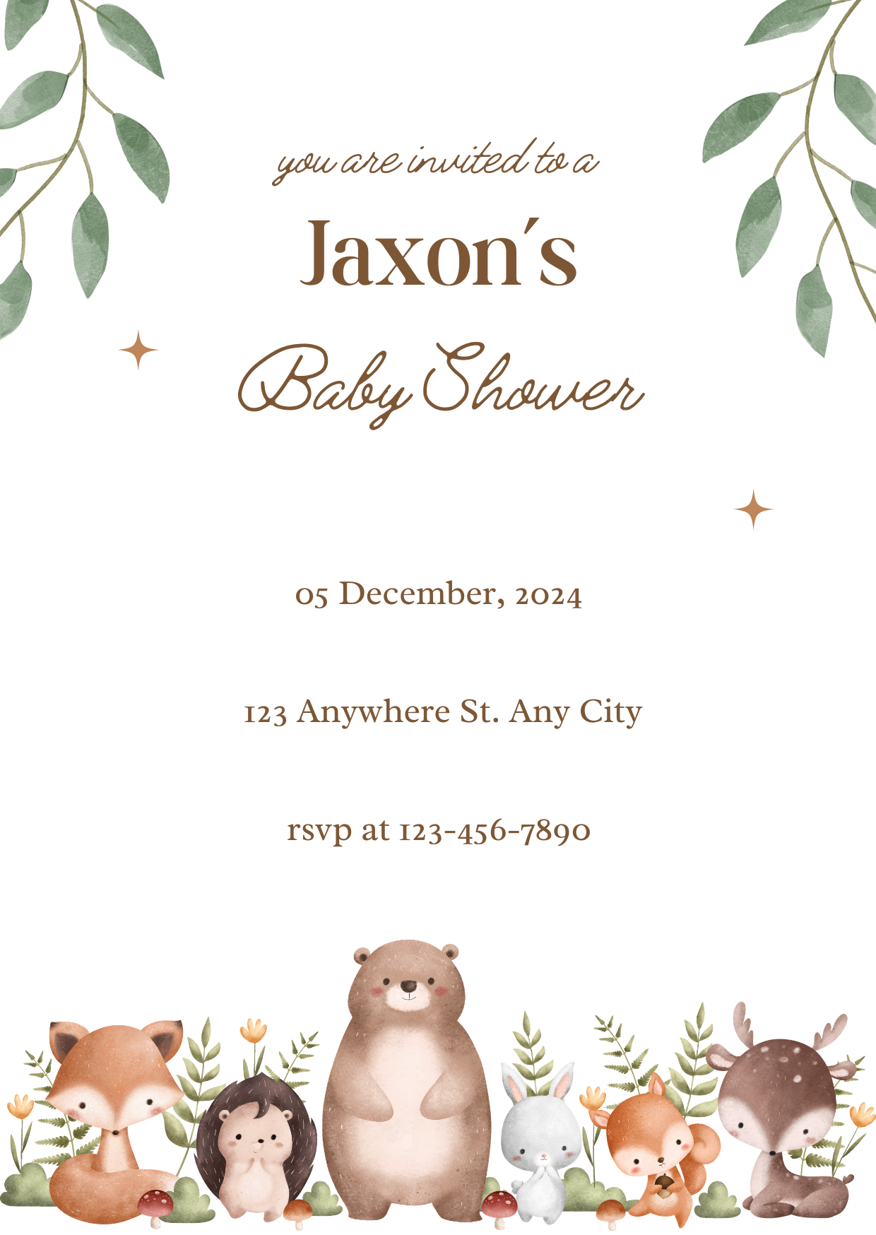 Baby Shower Invitation — Editable Canva Template | Woodland Animals