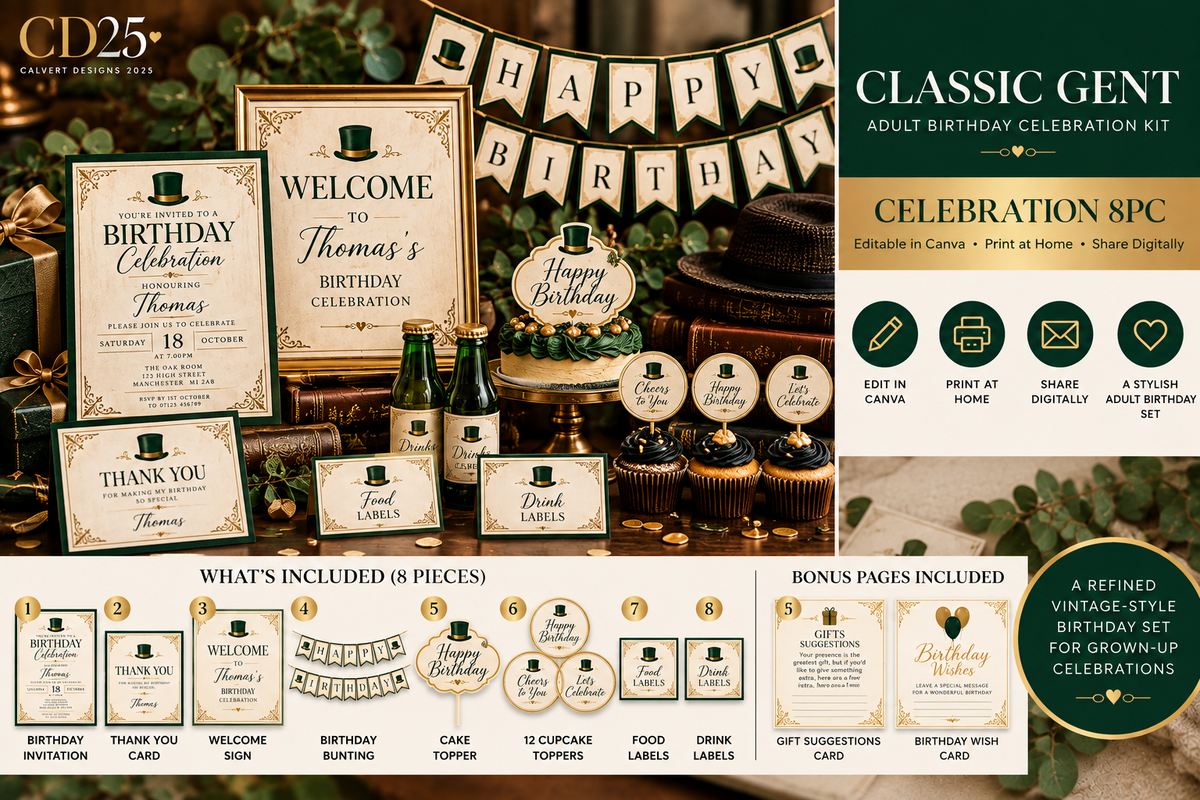 Classic Gent adult birthday 8-piece editable celebration kit
