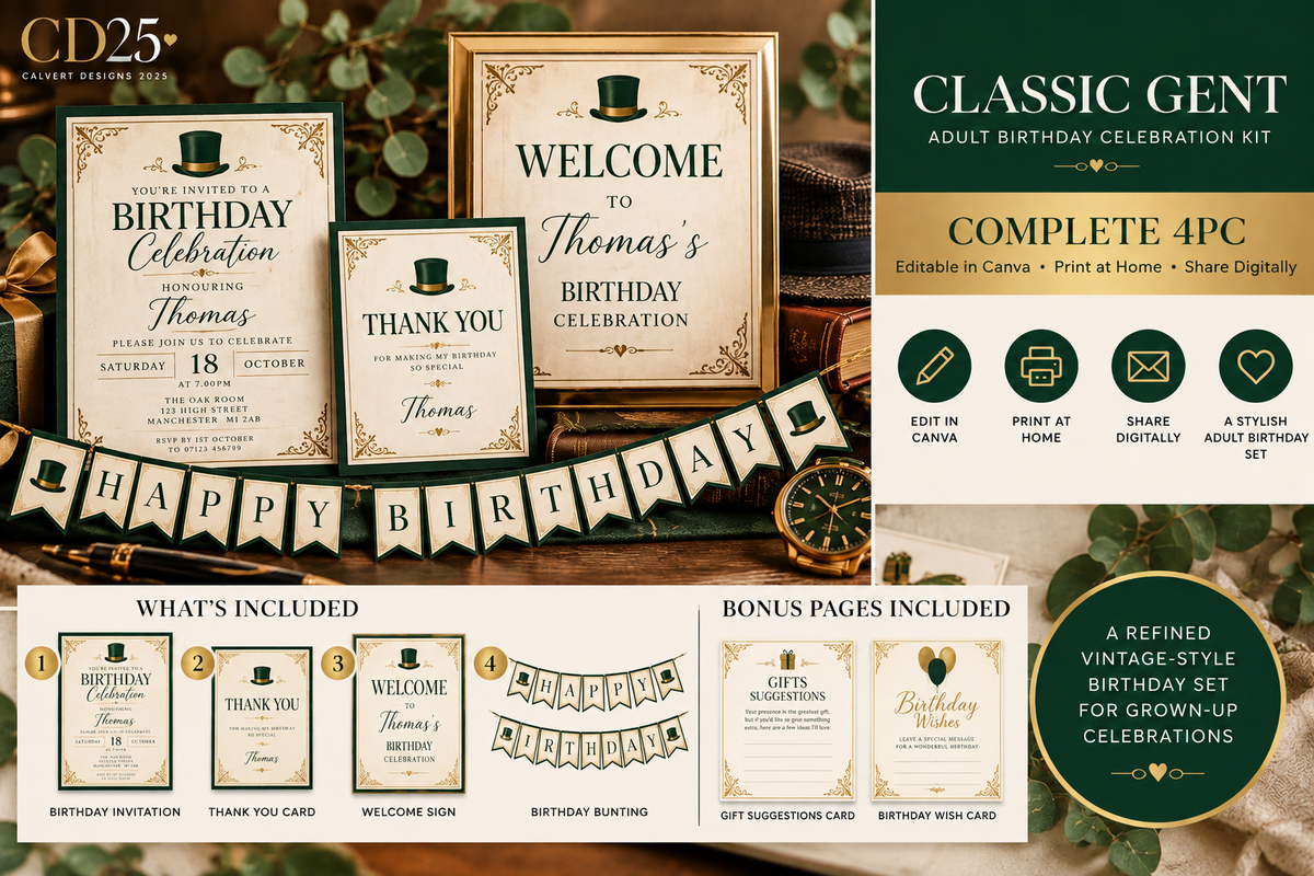 Classic Gent adult birthday 4-piece editable celebration kit