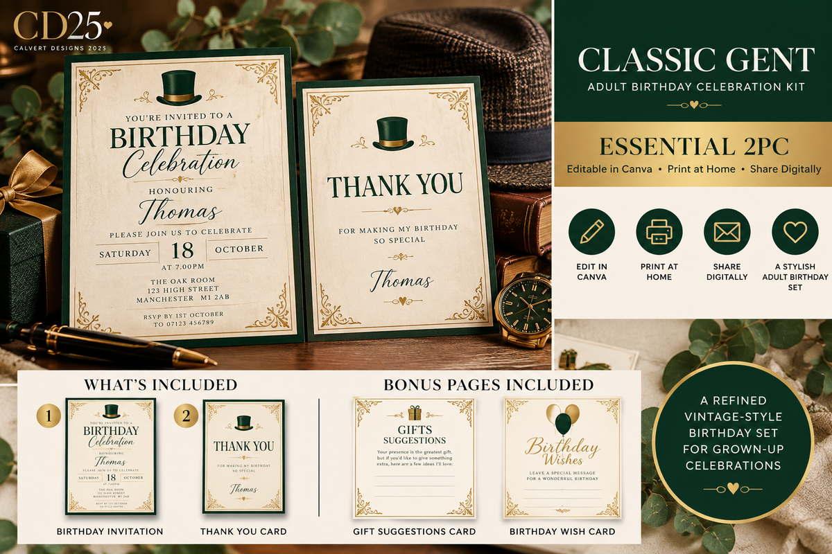 Classic Gent adult birthday 2-piece editable celebration kit