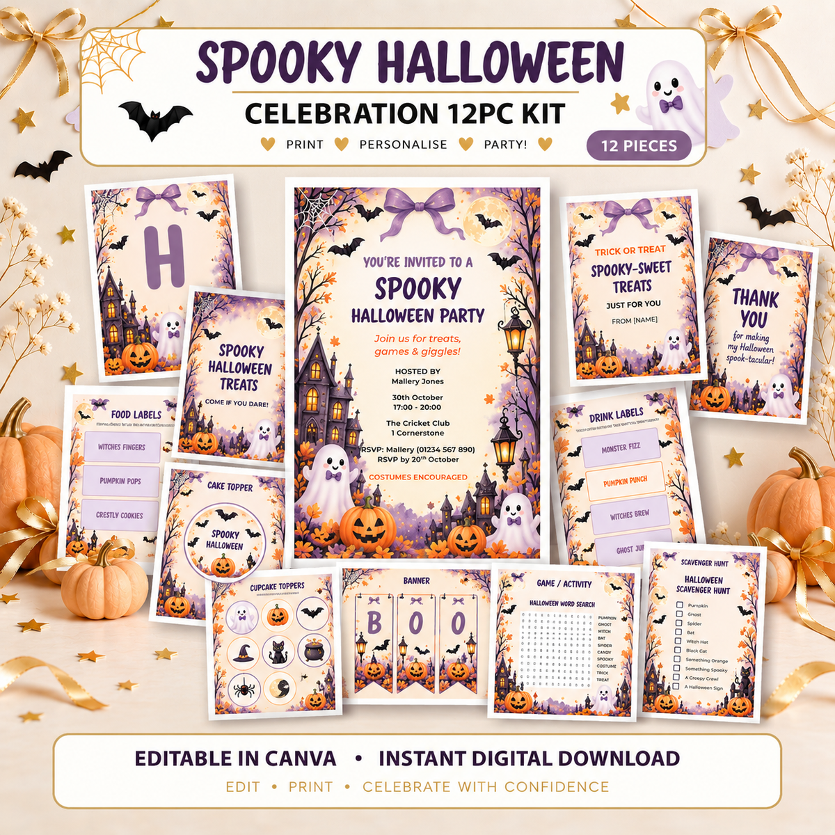 Spooky Halloween 12-piece editable celebration kit