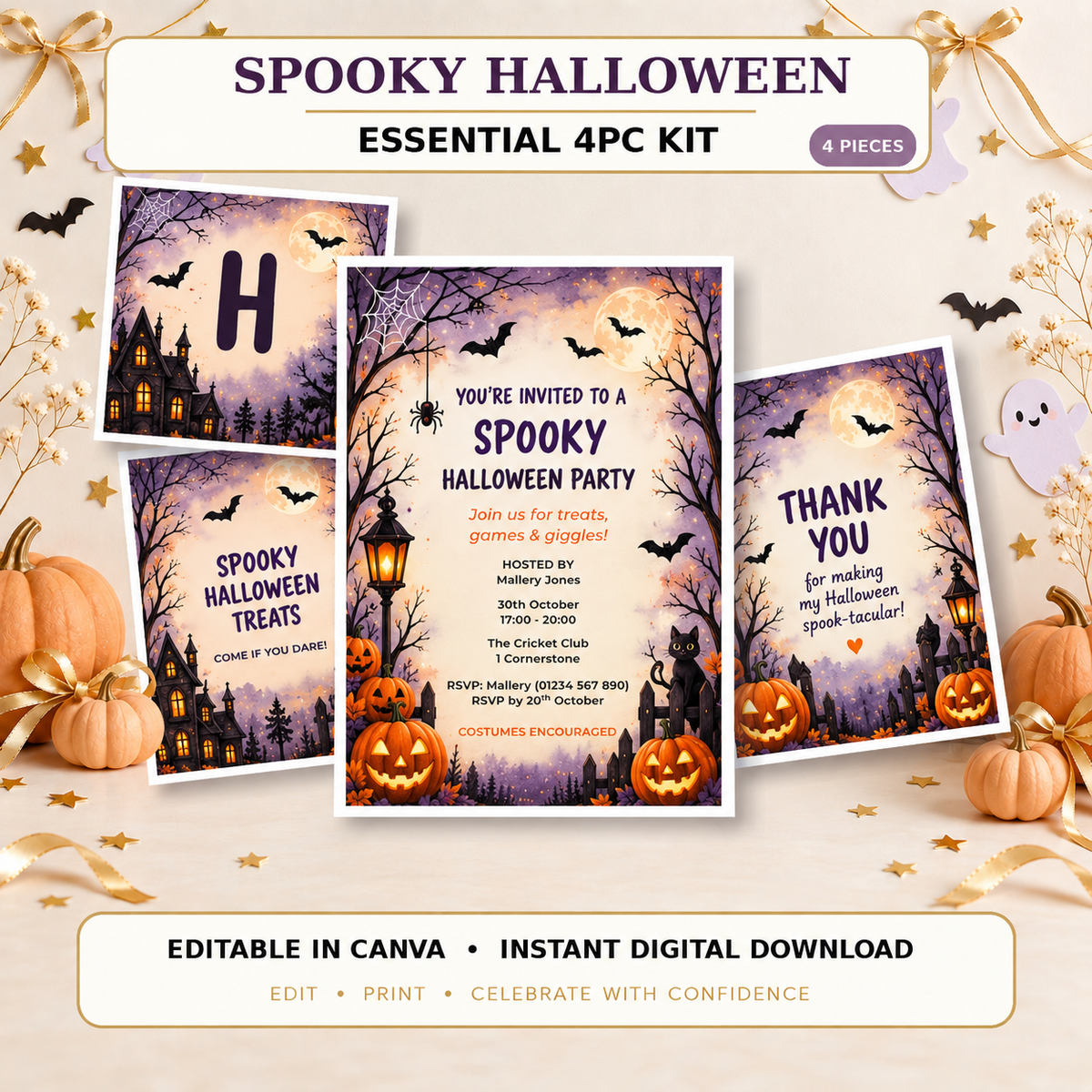 Spooky Halloween 4-piece editable celebration kit