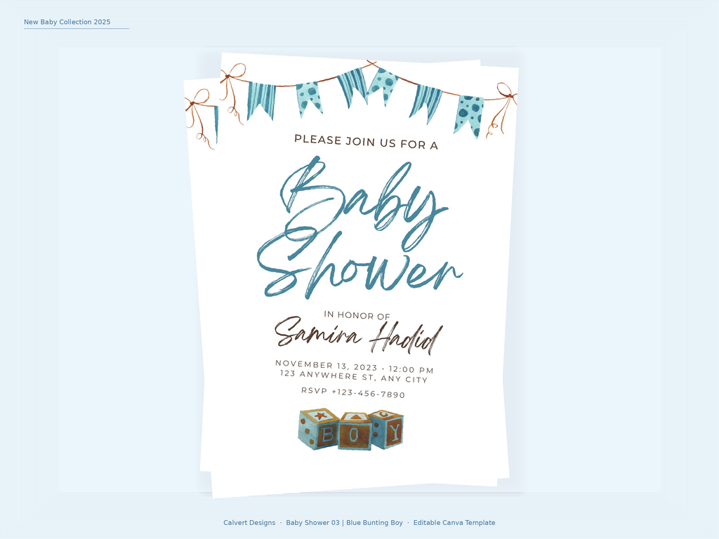 Baby Shower Invitation — Editable Canva Template | Blue Bunting Boy