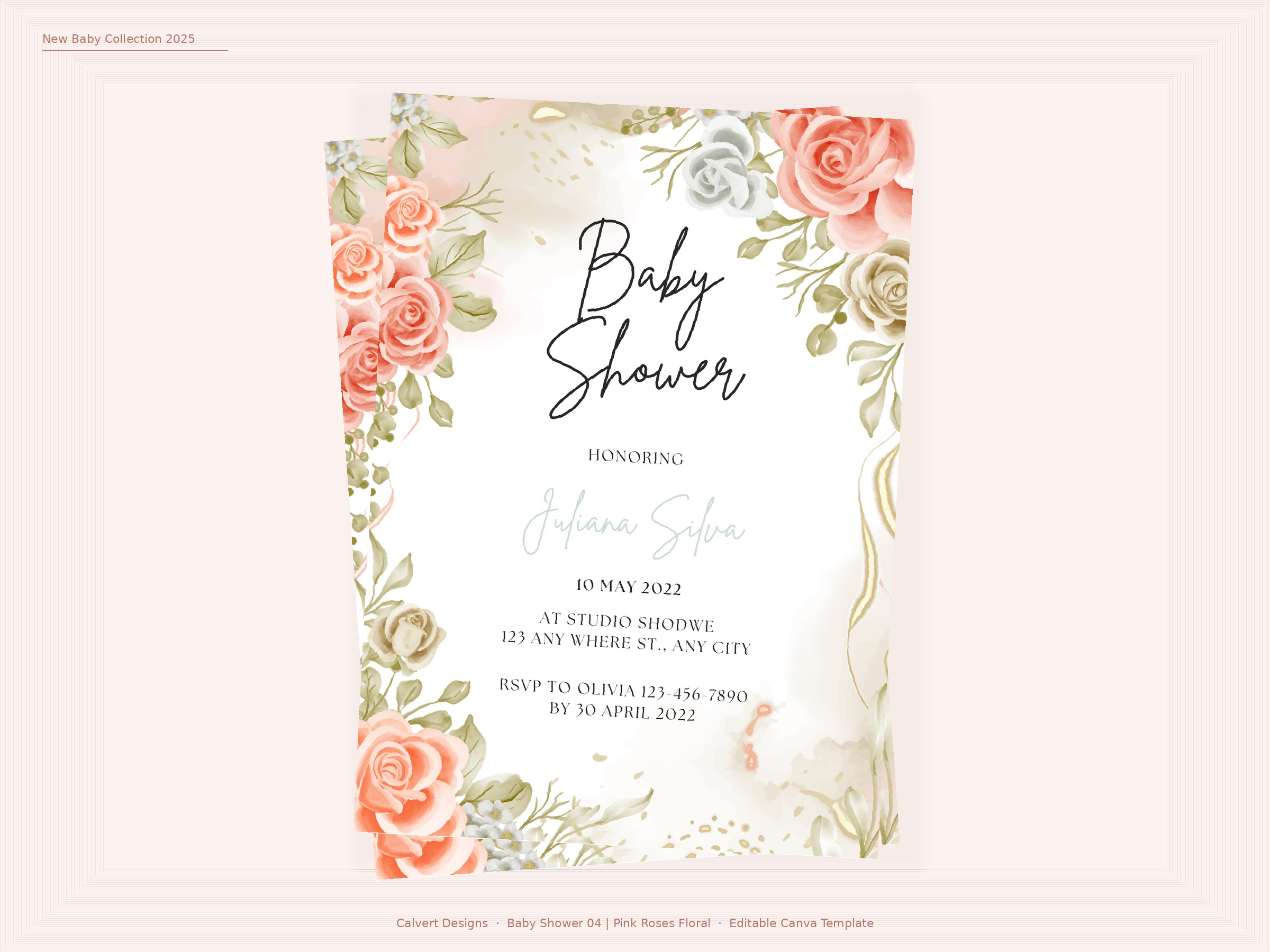 Baby Shower Invitation — Editable Canva Template | Pink Roses Floral