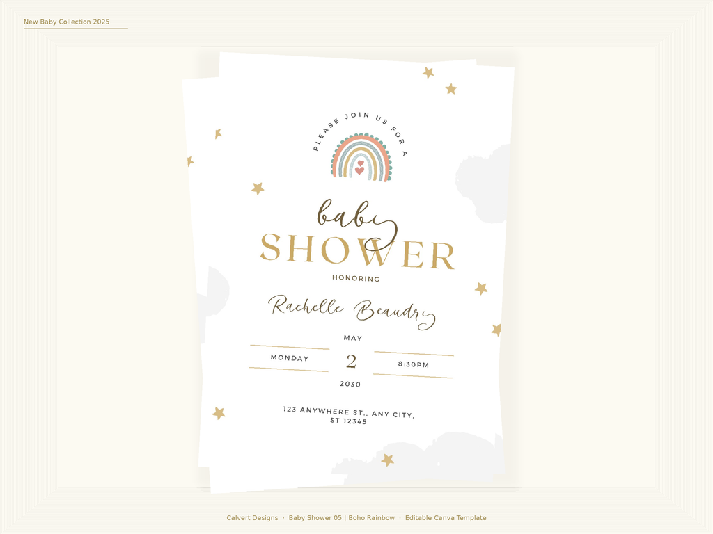 Baby Shower Invitation — Editable Canva Template | Boho Rainbow