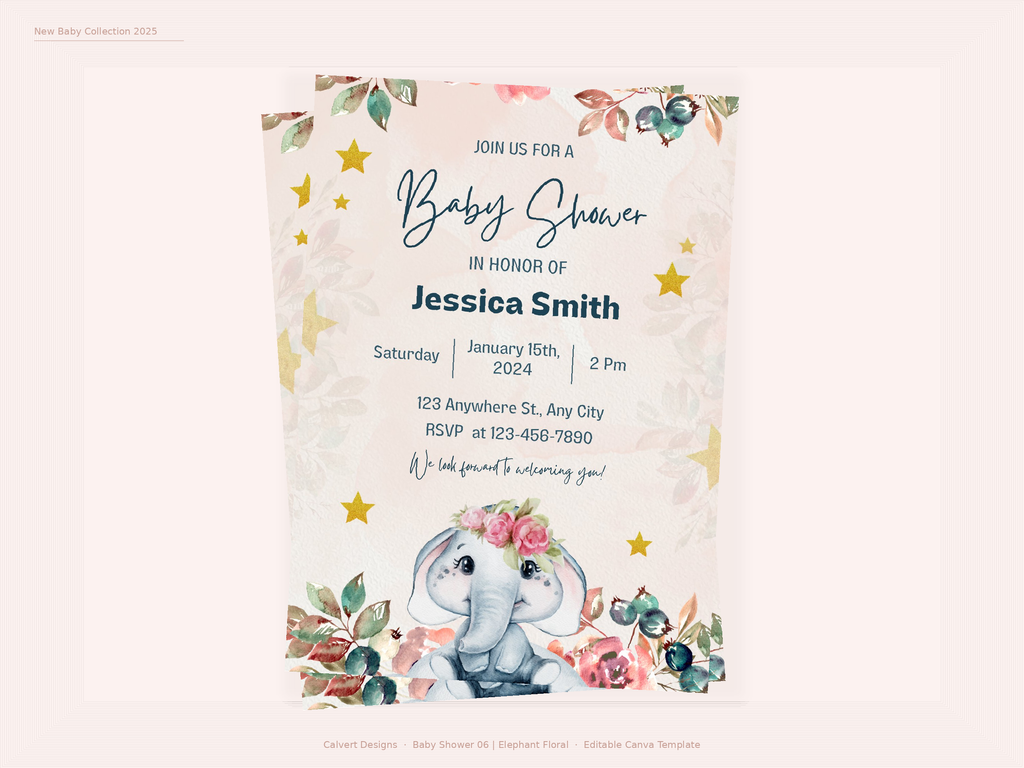 Baby Shower Invitation — Editable Canva Template | Elephant Floral