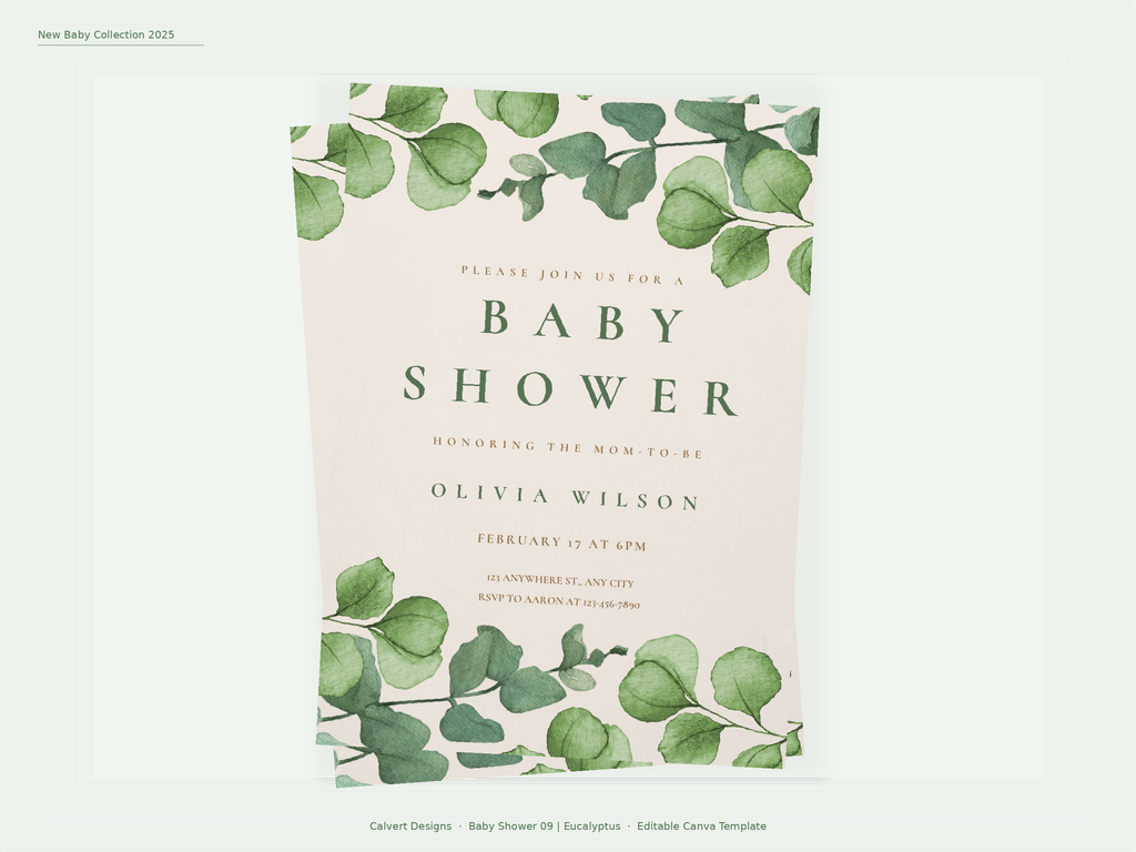 Baby Shower Invitation — Editable Canva Template | Eucalyptus Green