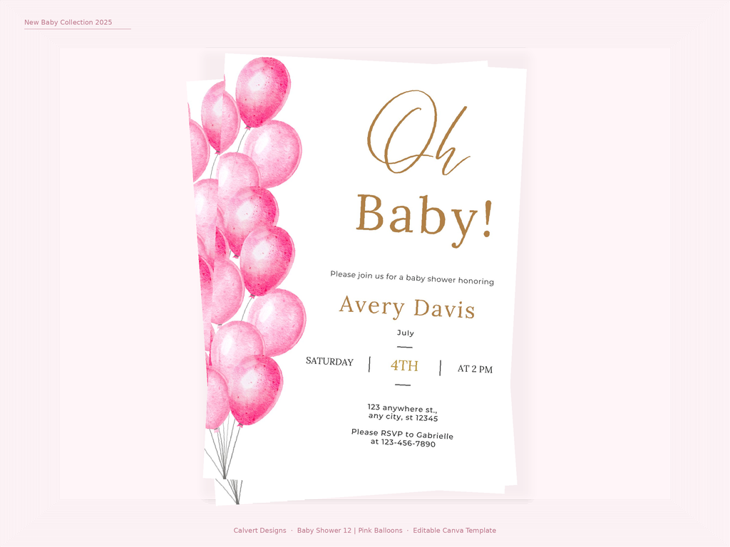 Baby Shower Invitation — Editable Canva Template | Pink Balloons