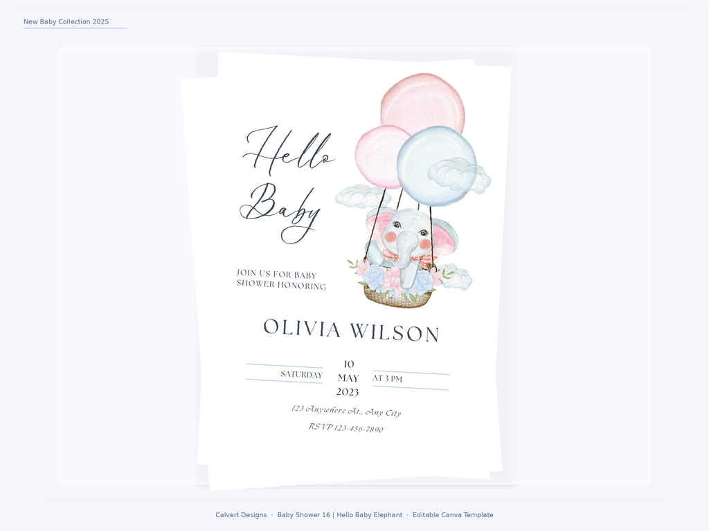Baby Shower Invitation — Editable Canva Template | Hello Baby Elephant
