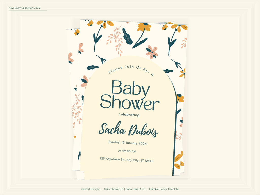 Baby Shower Invitation — Editable Canva Template | Boho Floral Arch