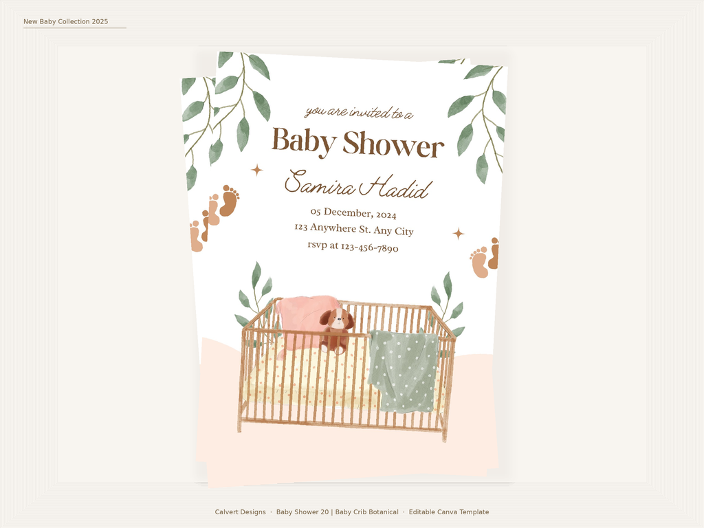 Baby Shower Invitation — Editable Canva Template | Baby Crib Botanical