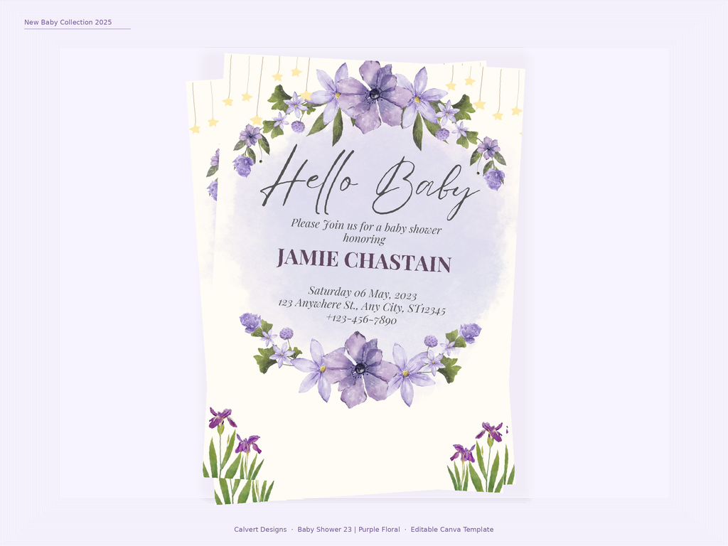 Baby Shower Invitation — Editable Canva Template | Purple Floral