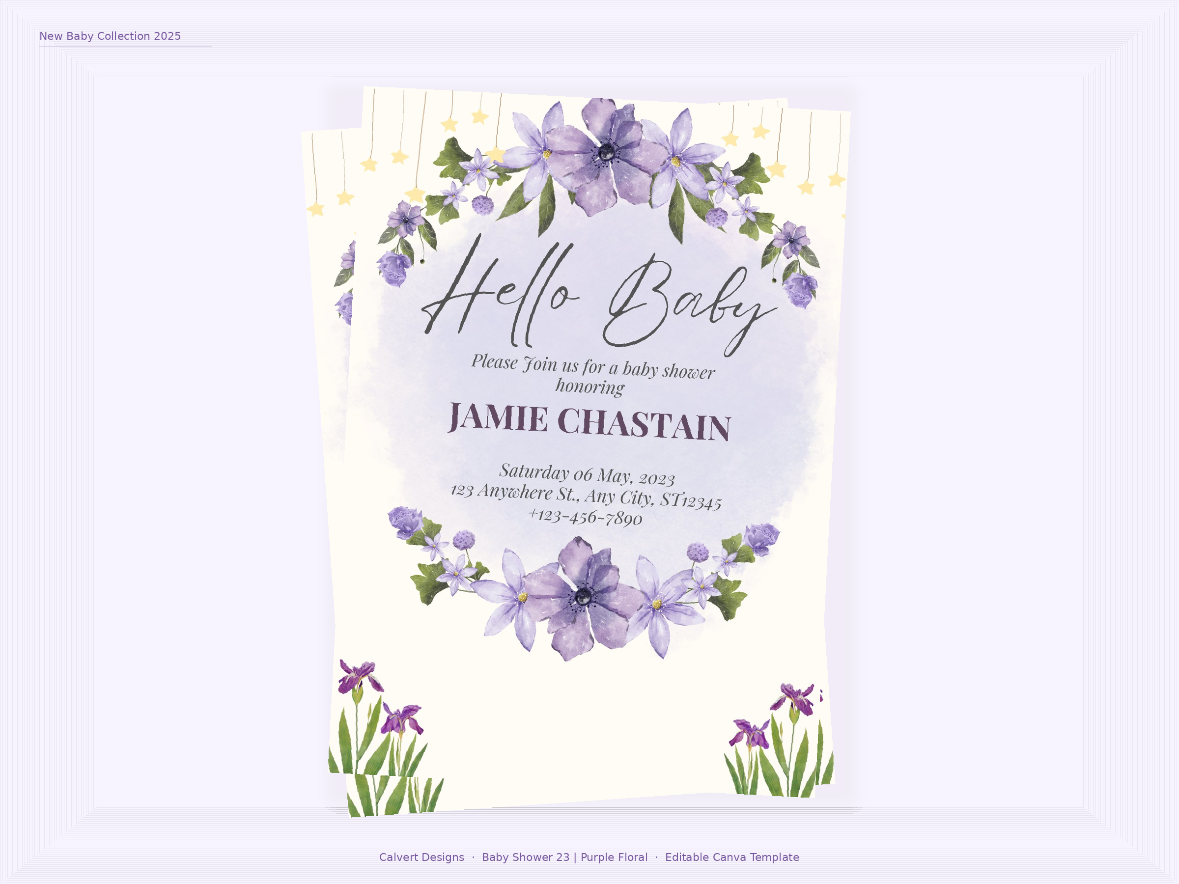 Baby Shower Invitation — Editable Canva Template | Purple Floral
