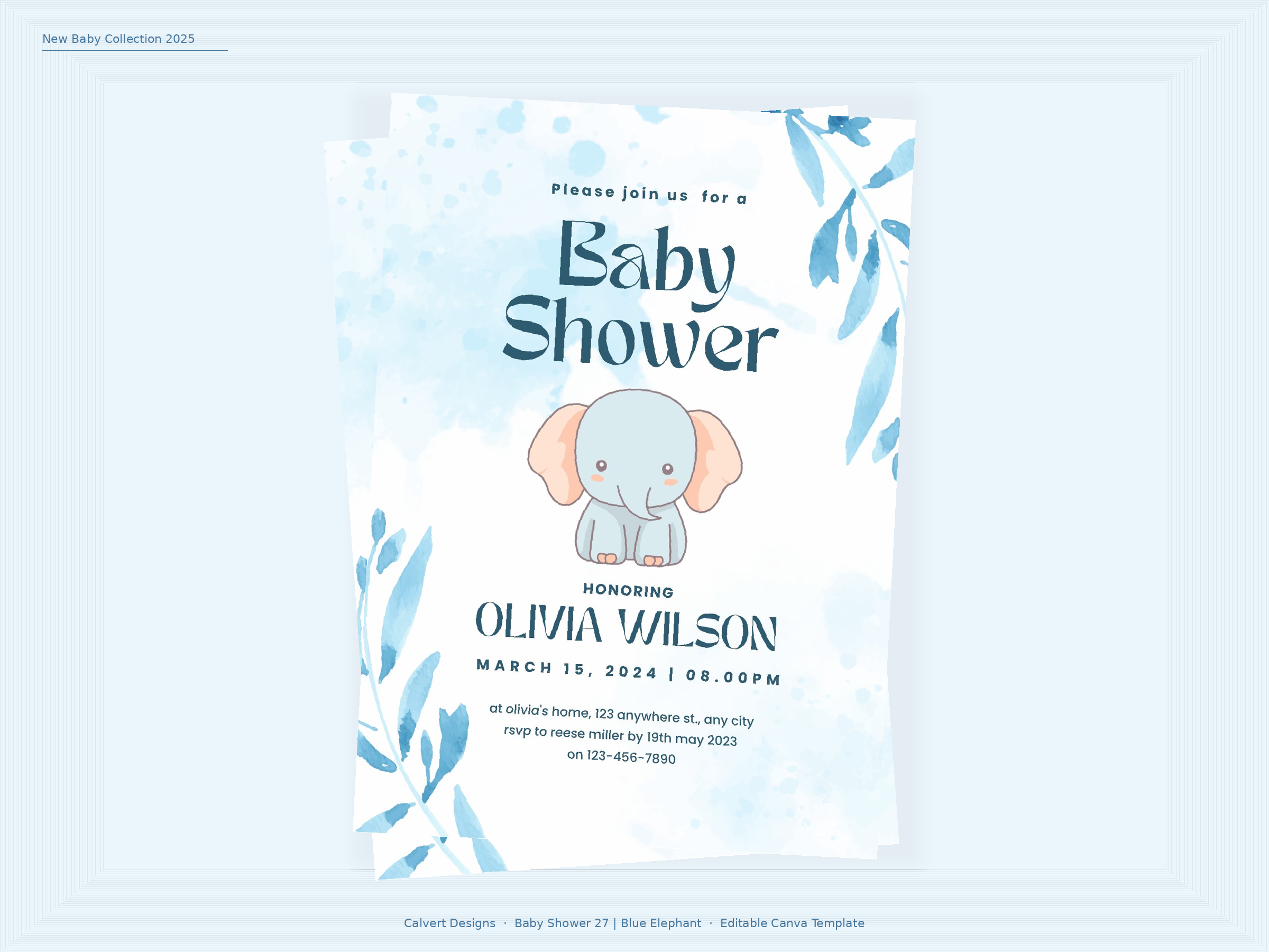 Baby Shower Invitation — Editable Canva Template | Blue Elephant