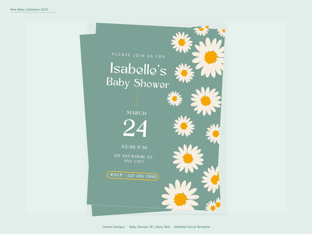 Baby Shower Invitation — Editable Canva Template | Daisy Teal