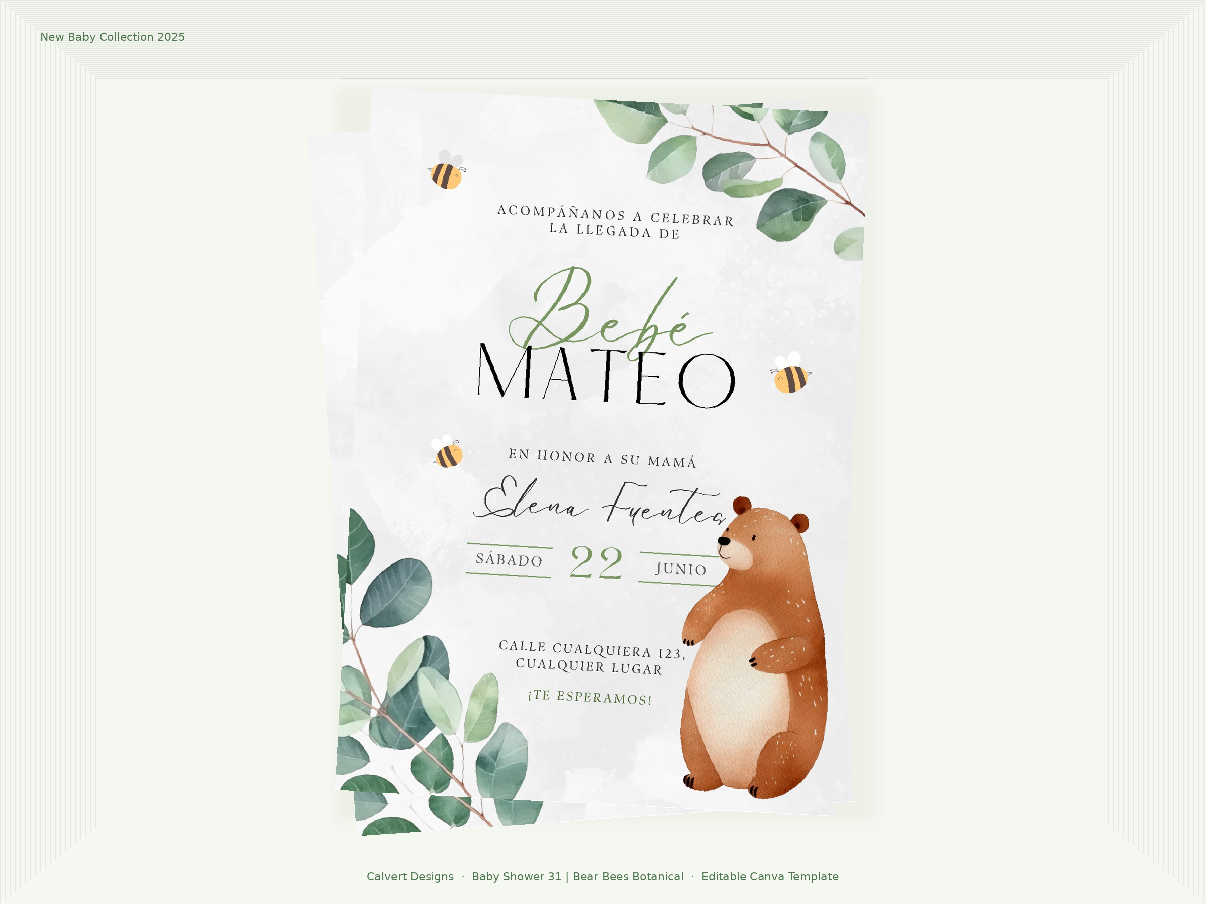 Bear Bees Botanical Baby Shower Invitation | Editable Canva Template